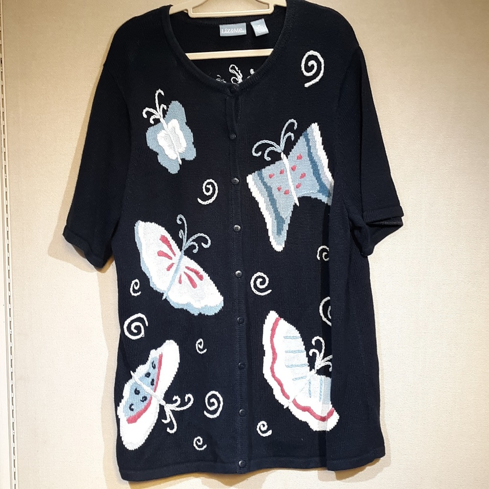 2X Short Sleeve Cardigan Navy Butterfly Embroidery